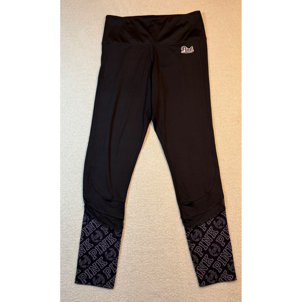 Victorias Secret PINK Ultimate Leggings Black Mesh Logo Tonal Tights Large